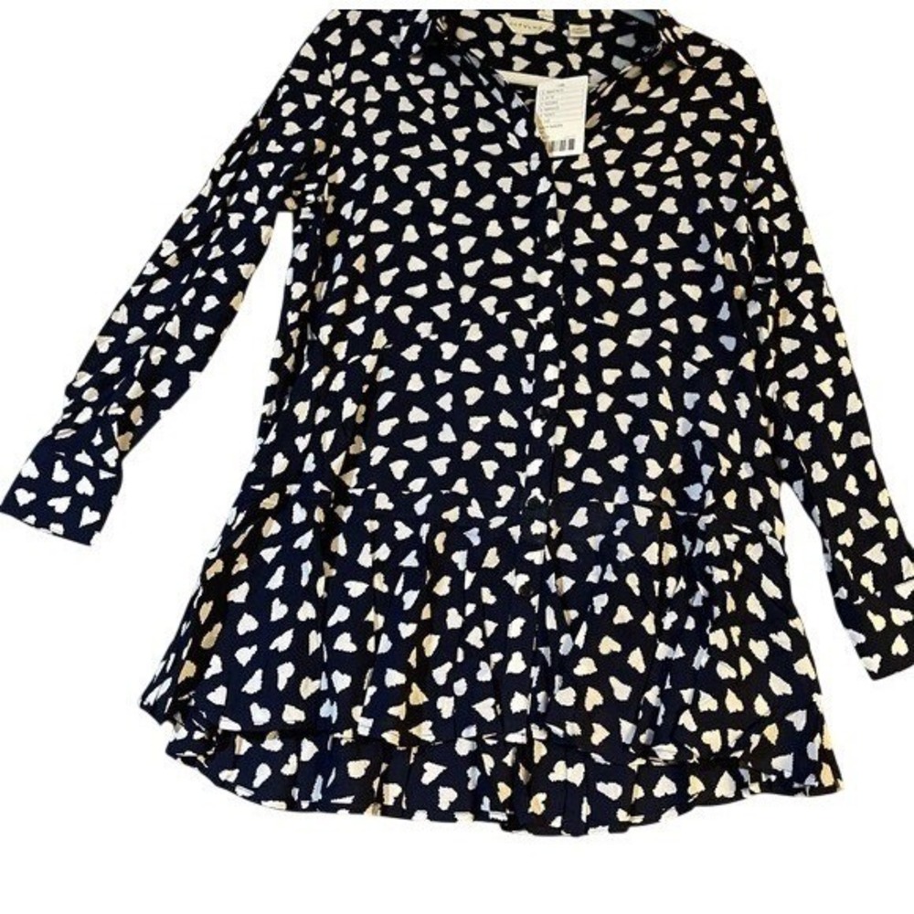 Anthropologie 11-1-TYLHO XS Navy White Heart Print Shirt Dress Peplum Ruffle Hem